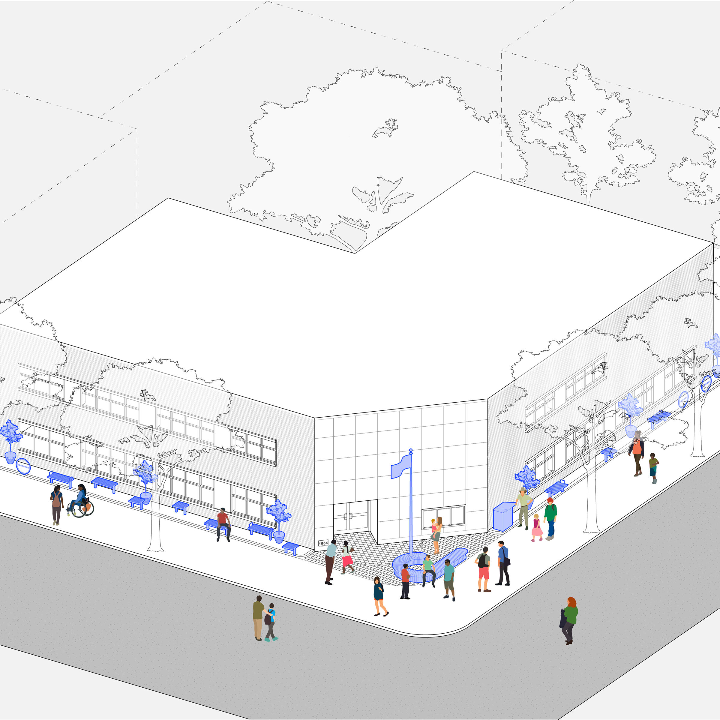 Isometric drawing of a branch library building with blue benches, flag, planters and figures.