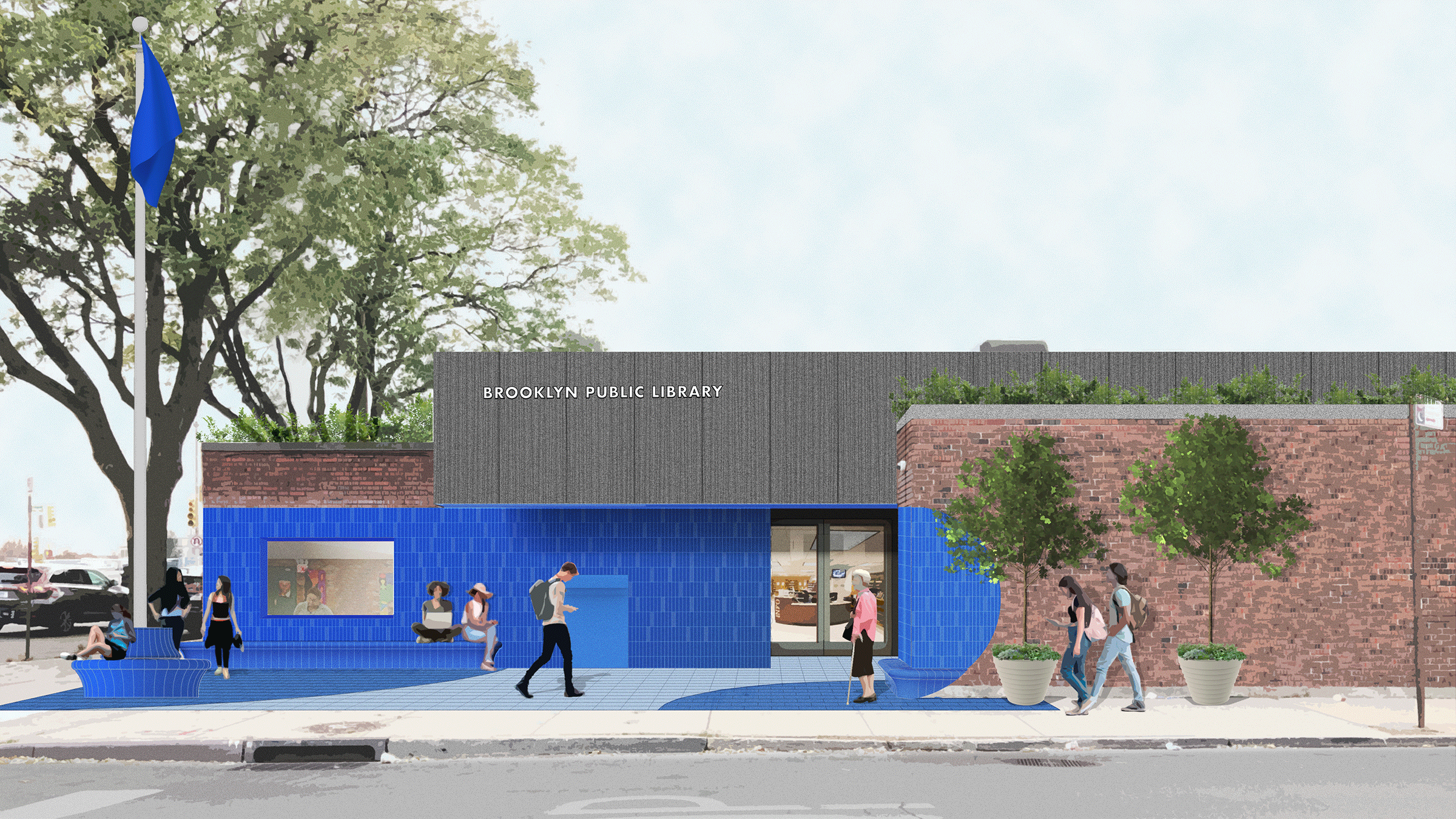 Architectural rendering of a library with a bright blue tiled facade, a green roof, planters, people walking in front, and a blue flag.