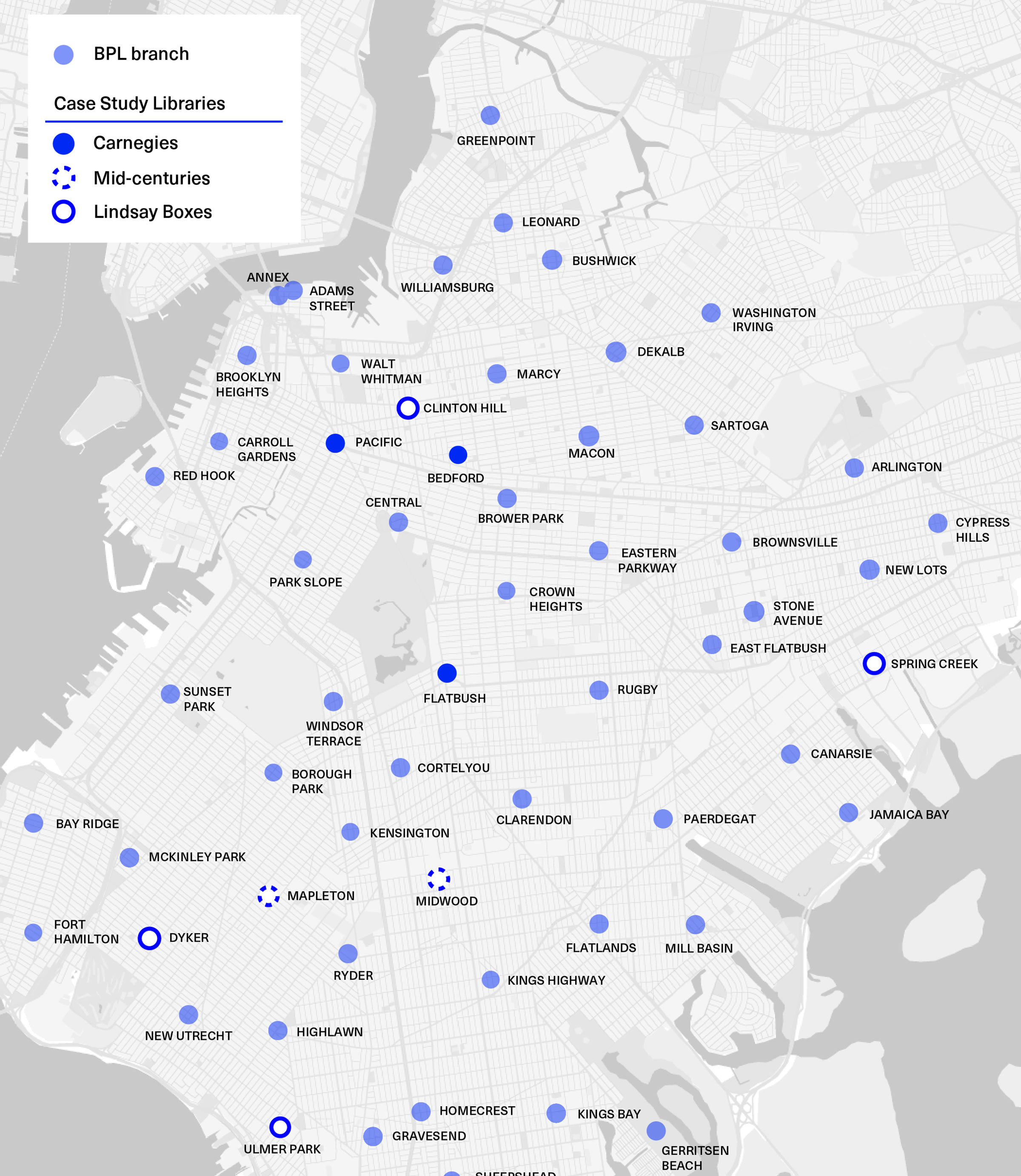 A map of Brooklyn showing all branch library locations.