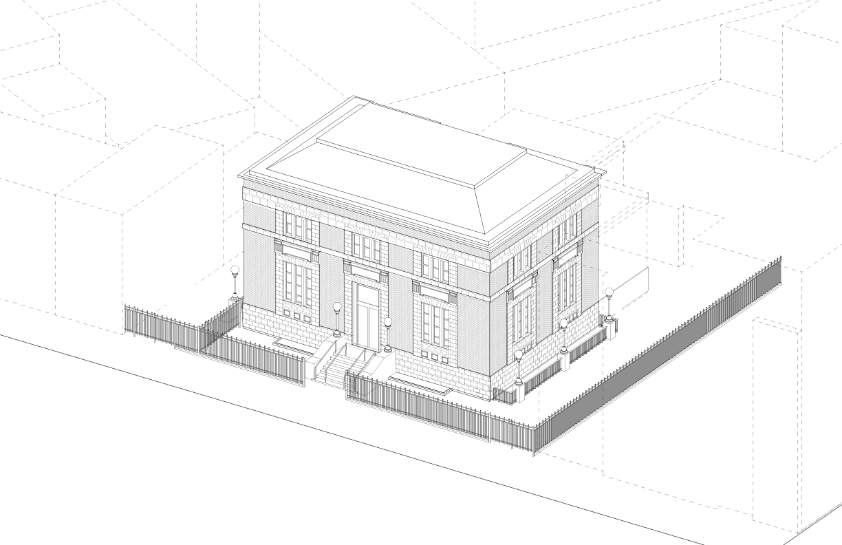 Isometric architectural drawing of a classical building with blue shaded areas for new interventions.
