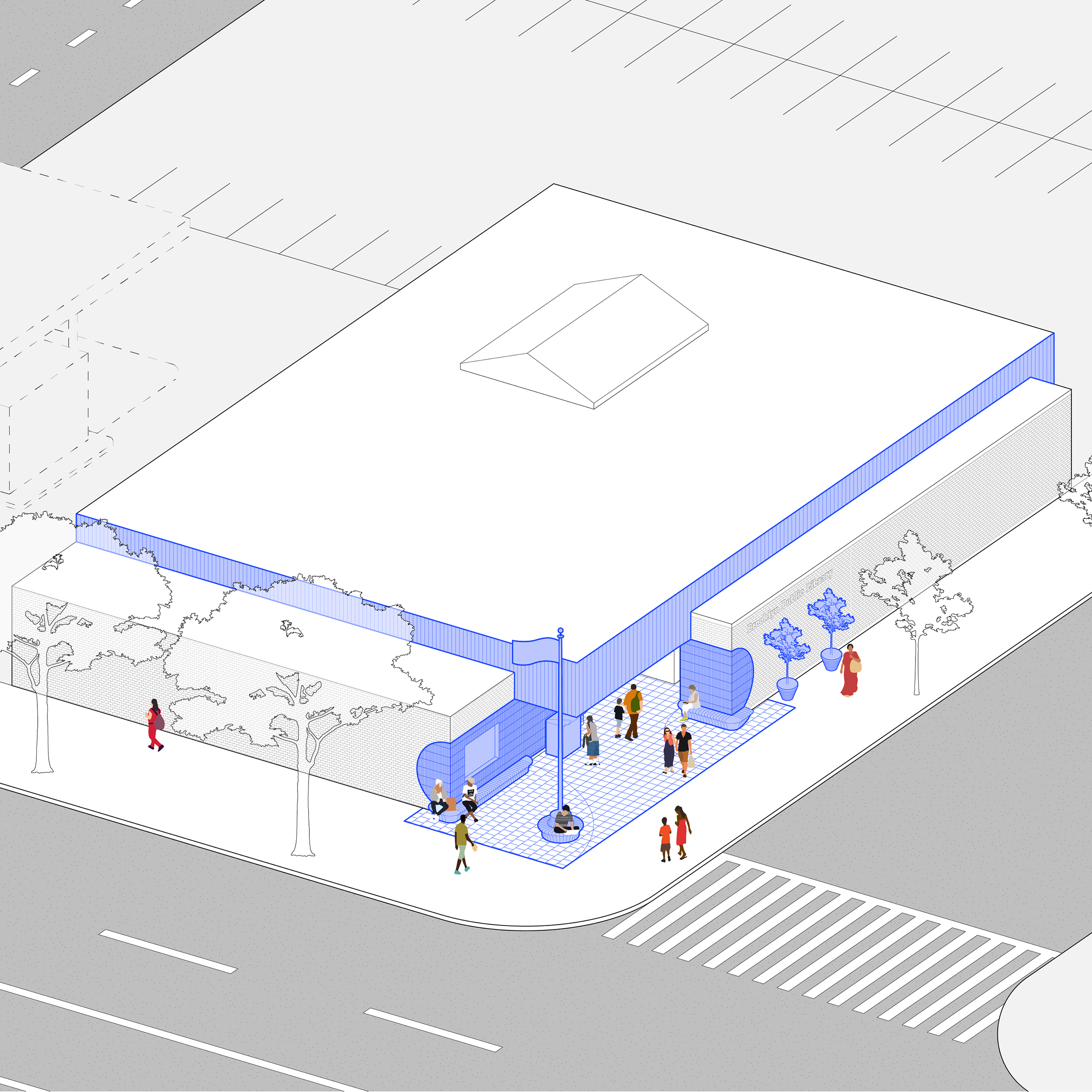 Isometric drawing of a branch library building with blue tiles, benches, flag, planters and figures.