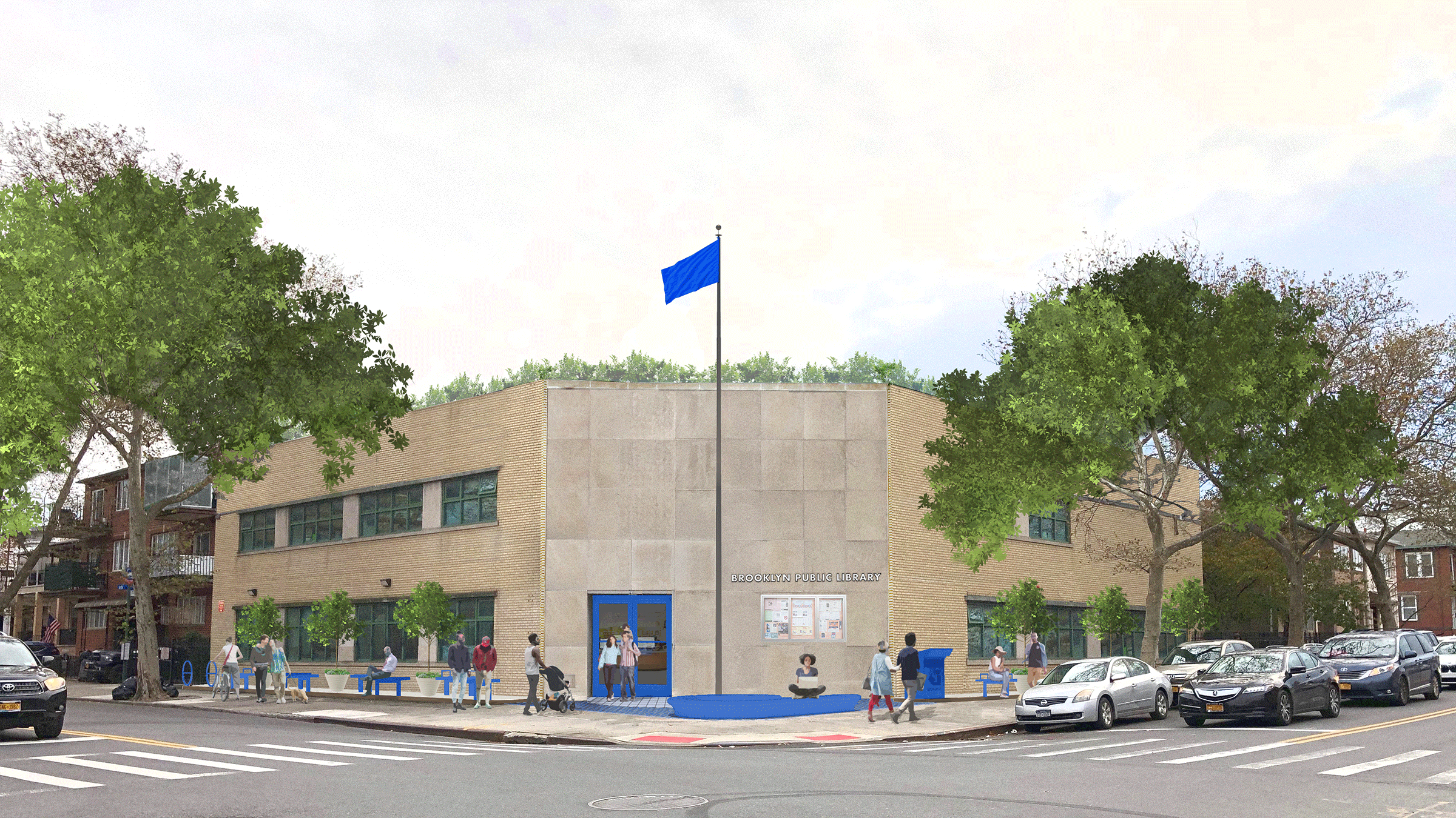 Architectural rendering of a two-story library building with a blue flag, people walking on the sidewalk, and cars parked along the street.