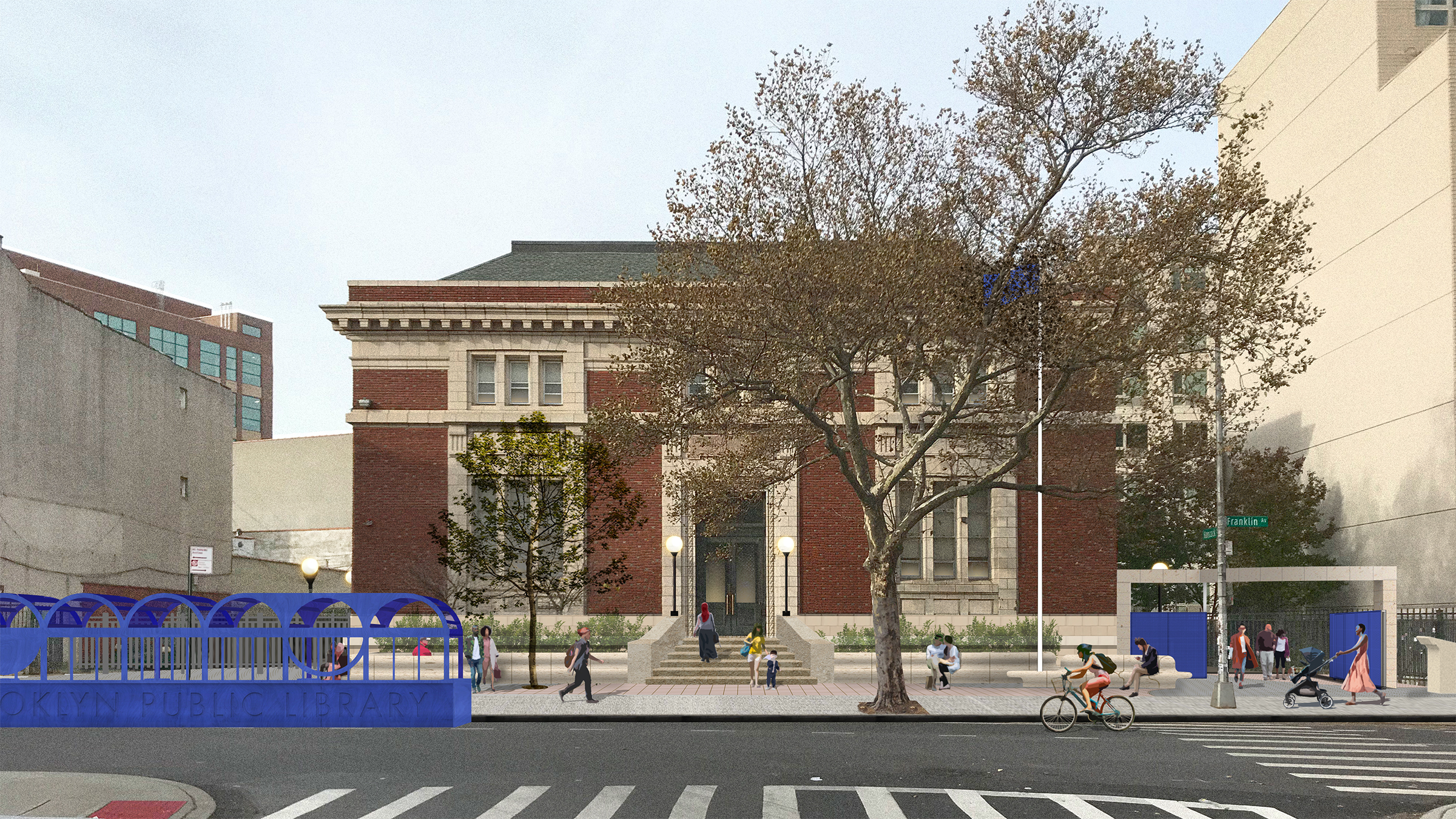 A digital rendering shows a red brick building with a central entrance and steps. A large tree is in front. People are walking, biking, and using a stroller on the sidewalk. A blue outdoor structure with and arched canopy occupies the street in front of the sidewalk, with large lettering  spelling '-OKLYN PUBLIC LIBRARY' cropped just out of frame. A blue flag and flagpole flies above