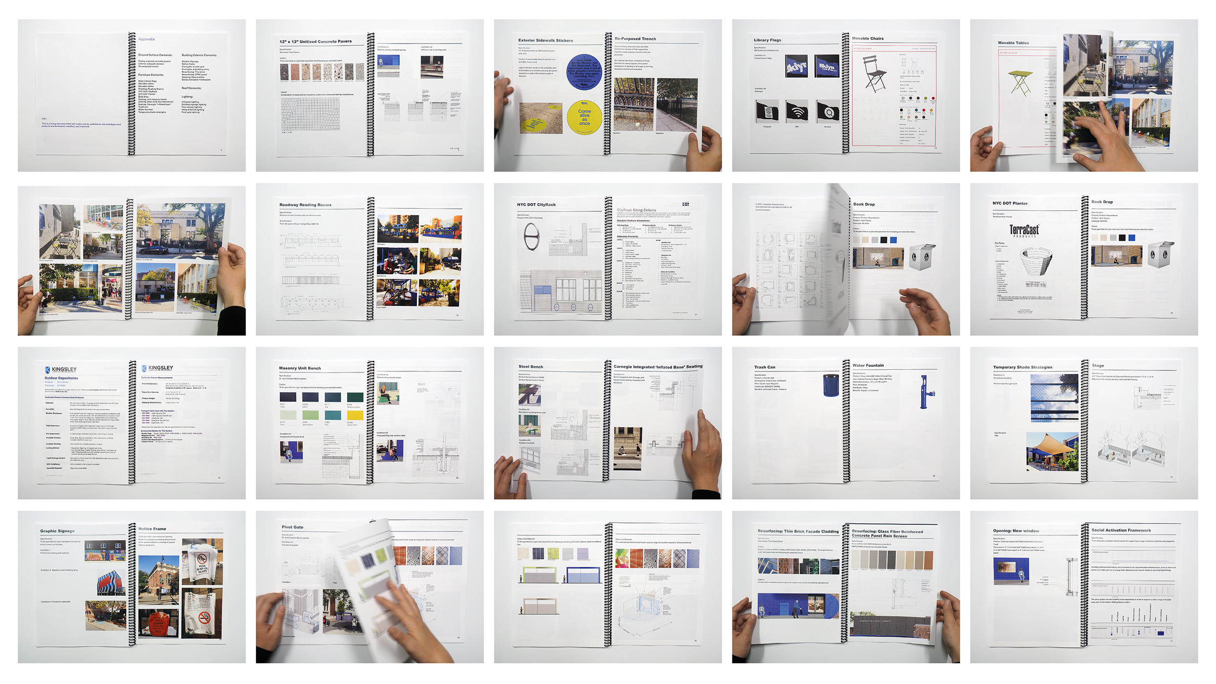 Grid of 18 images showing different pages of a spiral-bound book, with hands turning some of the pages.
