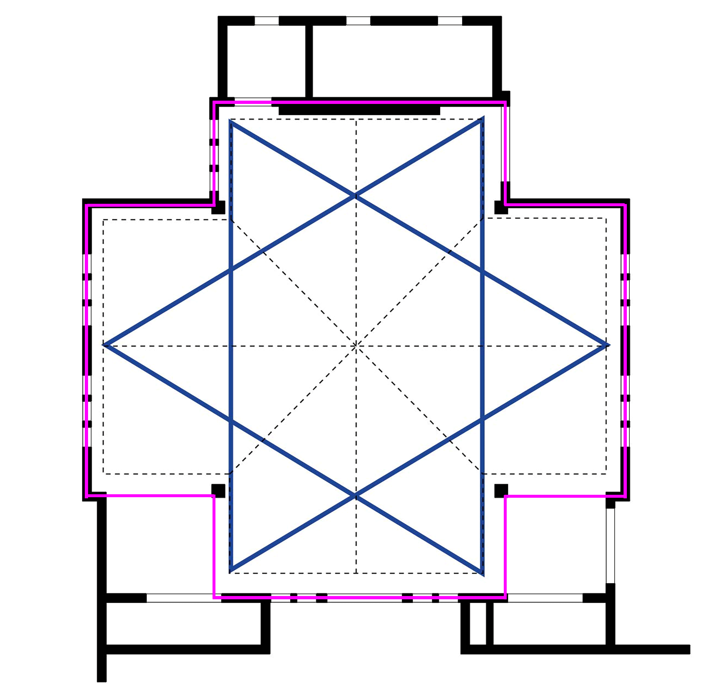 Moving diagram showing the cruciform shape of the room in pink overlaid with a other shapes in a blue outline. The shapes are diamond, square, circle, oval, clover, triangle, six-point star, rotated six-point star.