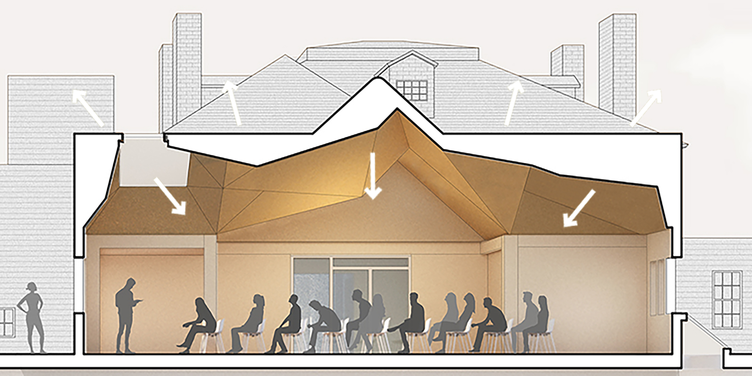 A cross section diagram of the chapel. The space between the roof and ceiling is shaded white. Arrows point up from the roof and down from the ceiling.