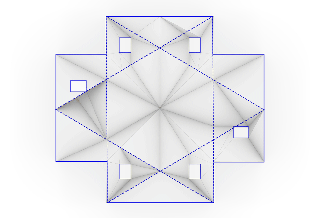 Moving diagram showing the ceiling geometry overlaid with a six-point star, cardinal directions, areas of acoustic absorption and reflection, and a wood plank pattern.