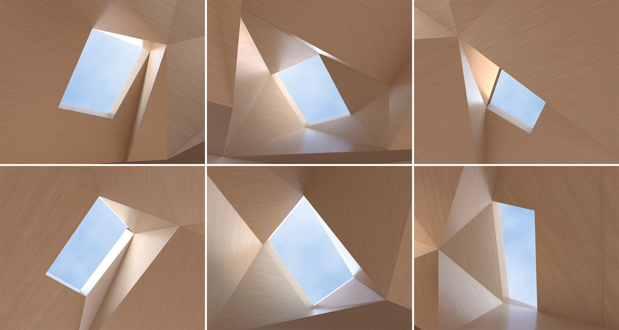 A grid of six renderings of skylights set at oblique angles in a complex wooden ceiling.