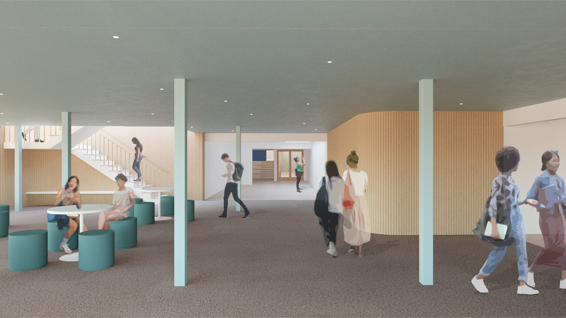 A digital architectural rendering of a modern, open interior space. The room features wood walls, columns, and a light blue ceiling. People are depicted walking and sitting throughout the space. A staircase is visible on the left side, and a doorway is visible in the background. The space includes various seating arrangements with round, teal-colored stools and small tables. The overall atmosphere is bright and contemporary.