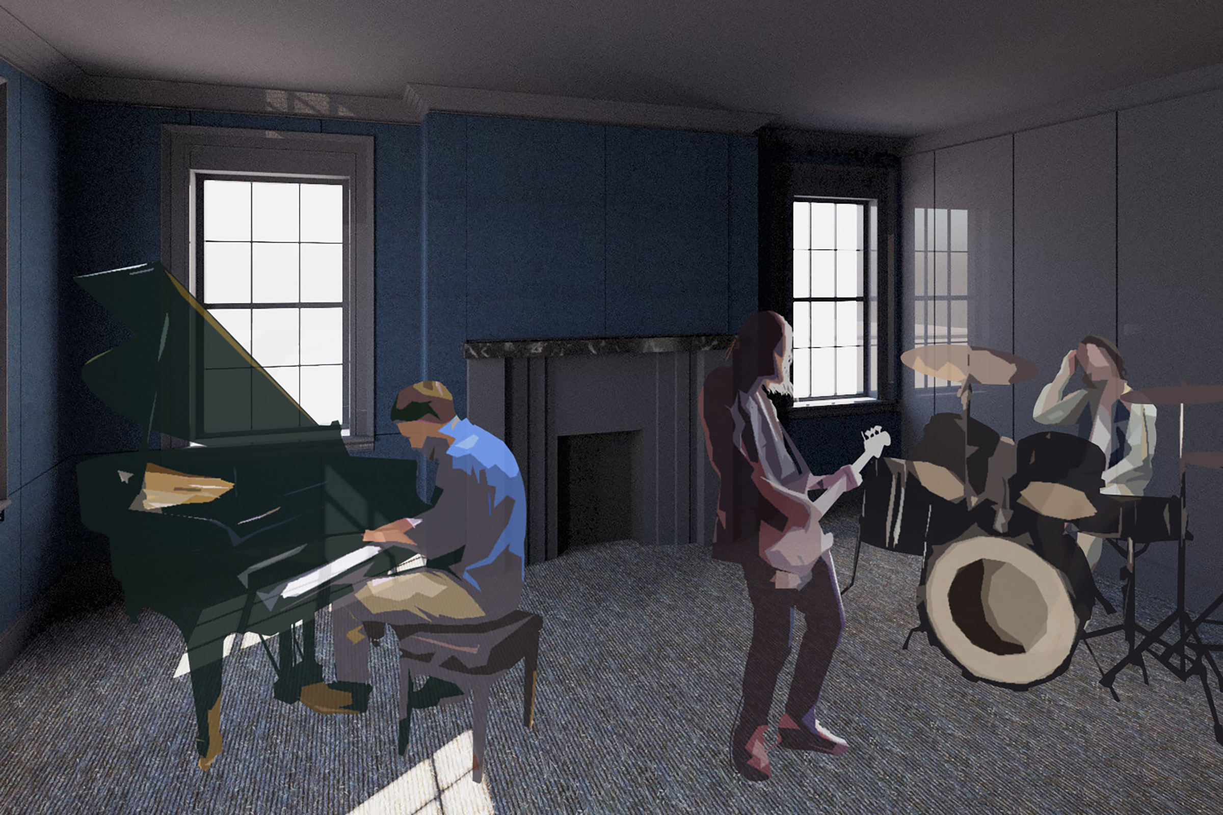 Music practice room with three musicians playing: one on a grand piano, one on an electric guitar, and one on a drum set. The room has dark blue walls, two windows, and a fireplace.