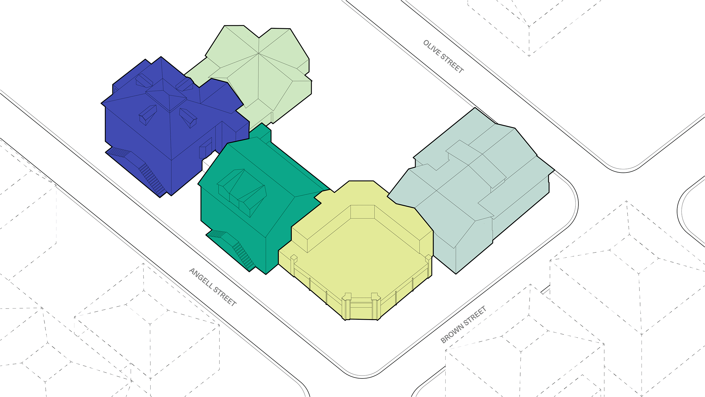 Moving drawing, the first frame shows 5 connected buildings shaded in different tones of blue and green. The second frame shows a pixelated blue and green pattern unifying the buildings.