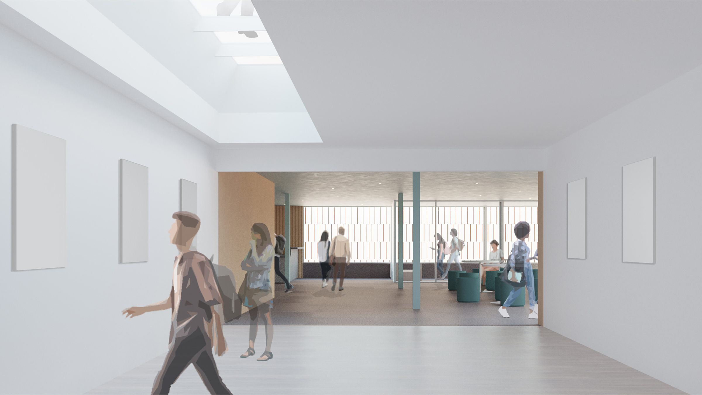 Interior rendering of a modern, minimalist gallery space with white walls, high ceilings, a linear skylight, and people walking through.
