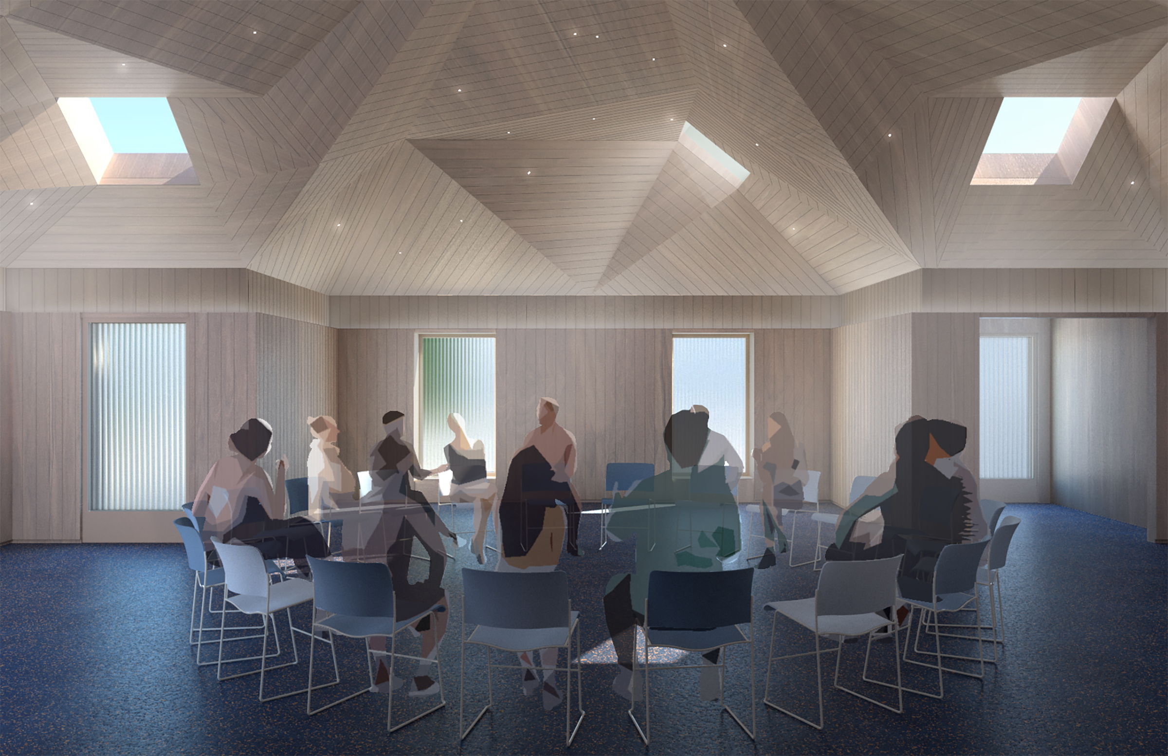 A digital architectural rendering of a room with a high, multi-faceted wood ceiling, featuring several skylights. The room has light-colored wood paneling on the walls and a blue floor. People are seated in a circular arrangement in the center of the room.