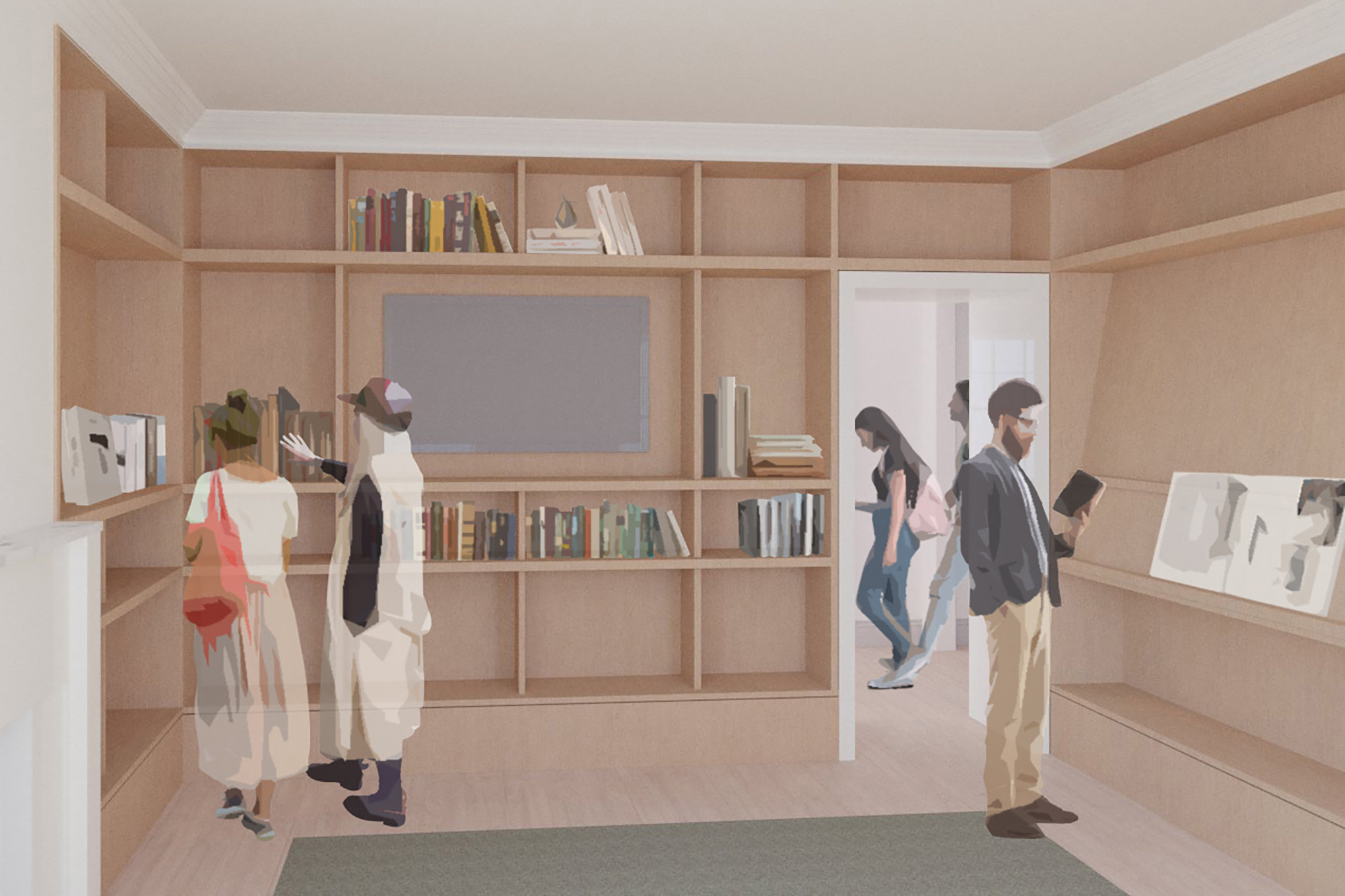Architectural rendering of a room with built-in bookshelves, a doorway, and stylized figures.