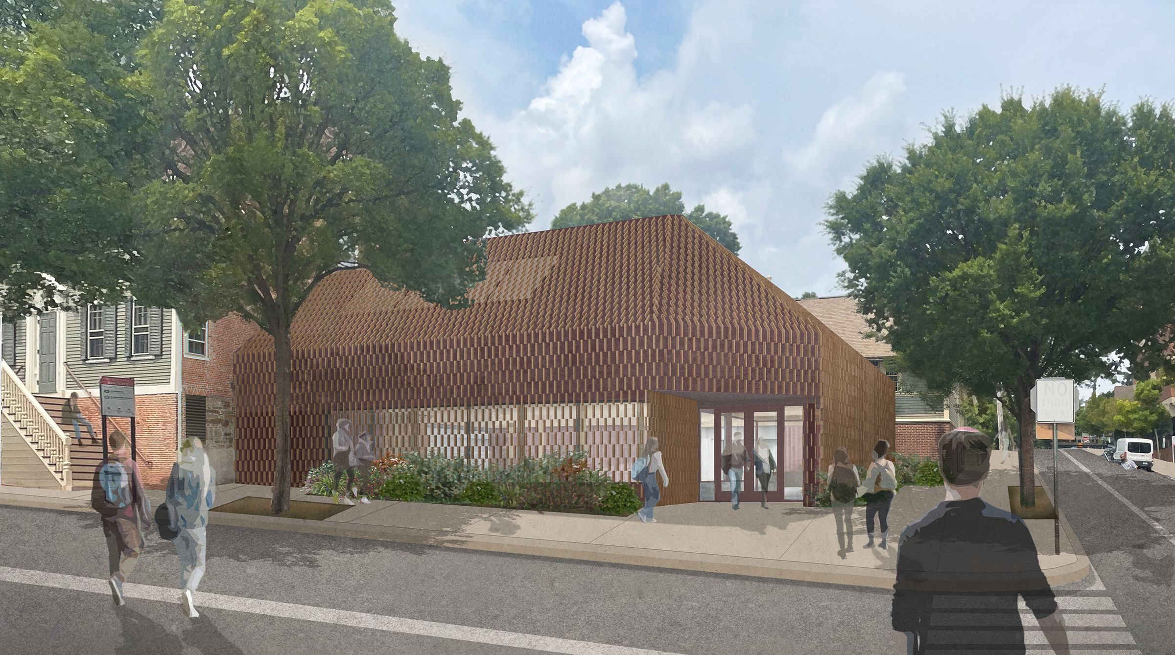 Architectural rendering of a building with a textured brown facade, trees, and people walking on the sidewalk.