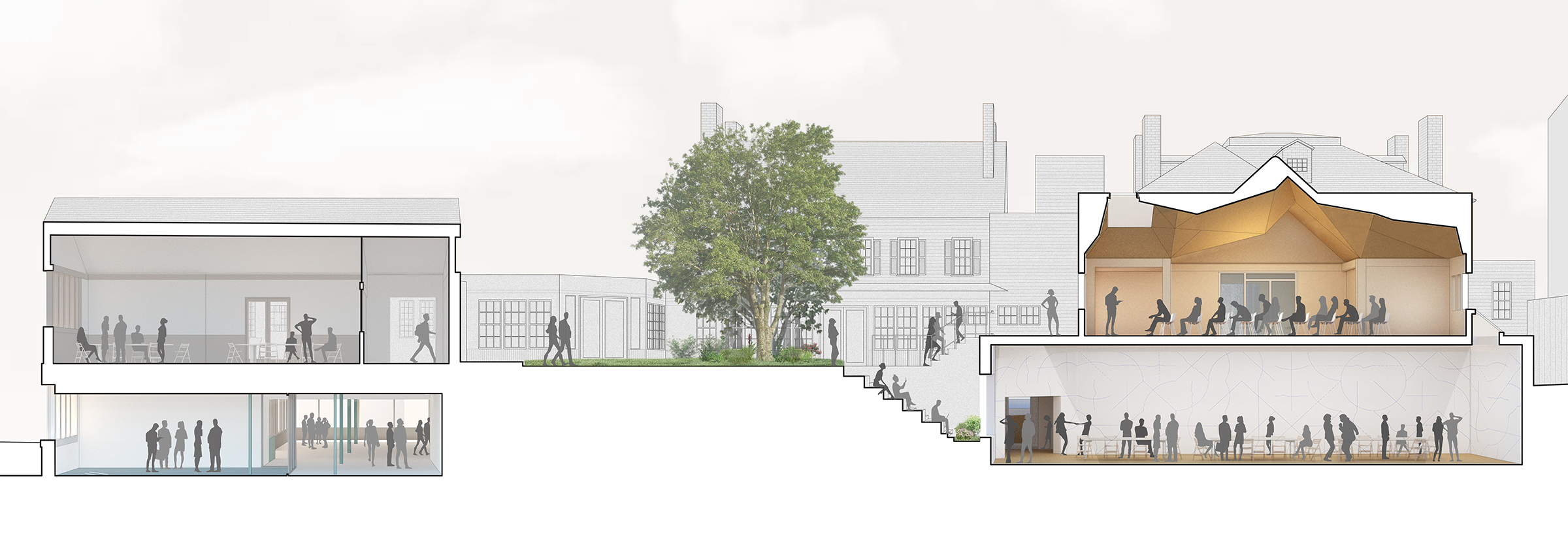 Detailed cross-section drawing of buildings and outdoor space, featuring figures engaged in various activities within the interiors. The overall image presents a comprehensive view of the architectural design, emphasizing the relationship between interior and exterior spaces, and the human experience within them.