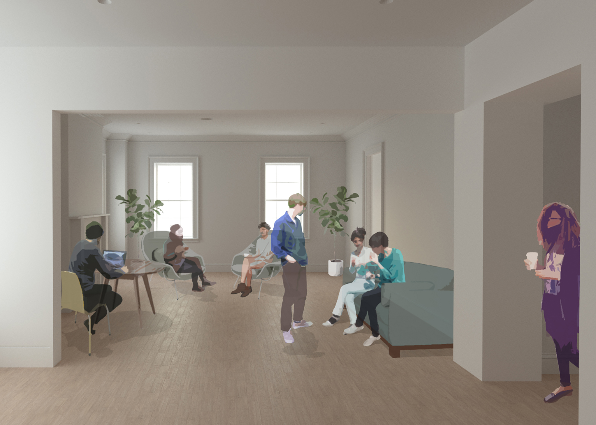 A bright, open student lounge with white walls, light wood floors, and large windows. People are shown sitting, standing, using laptops, and talking. Some furniture is visible, including a sofa and chairs