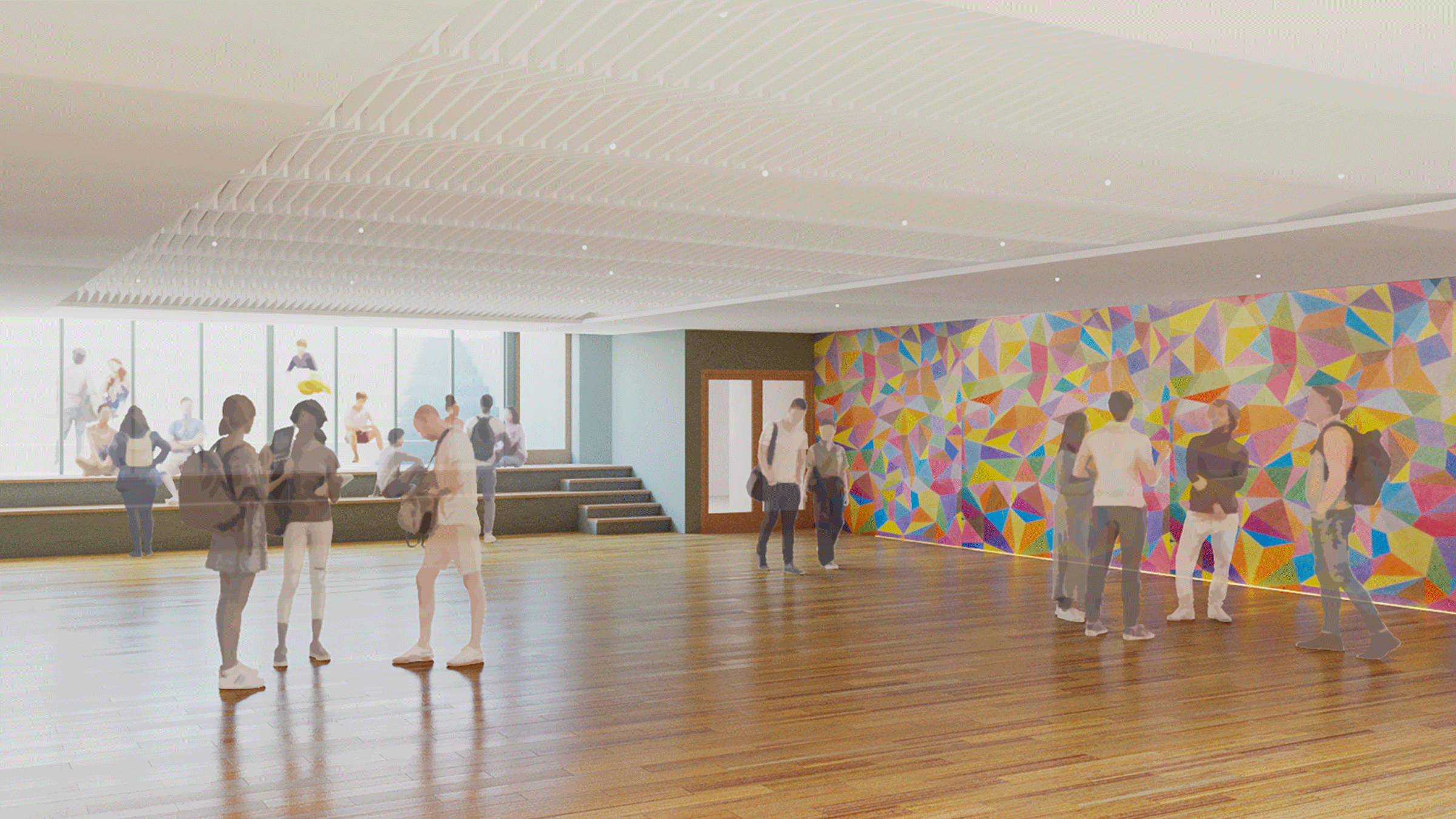 Architectural rendering of a gathering hall with a wall of windows, a mural, wood floors, and a white ceiling. The drawing rotates between three different configurations-- one is open with people walking and talking, one shows tables with people seated for a meal, and the last shows chairs arranged for a lecture or event.
