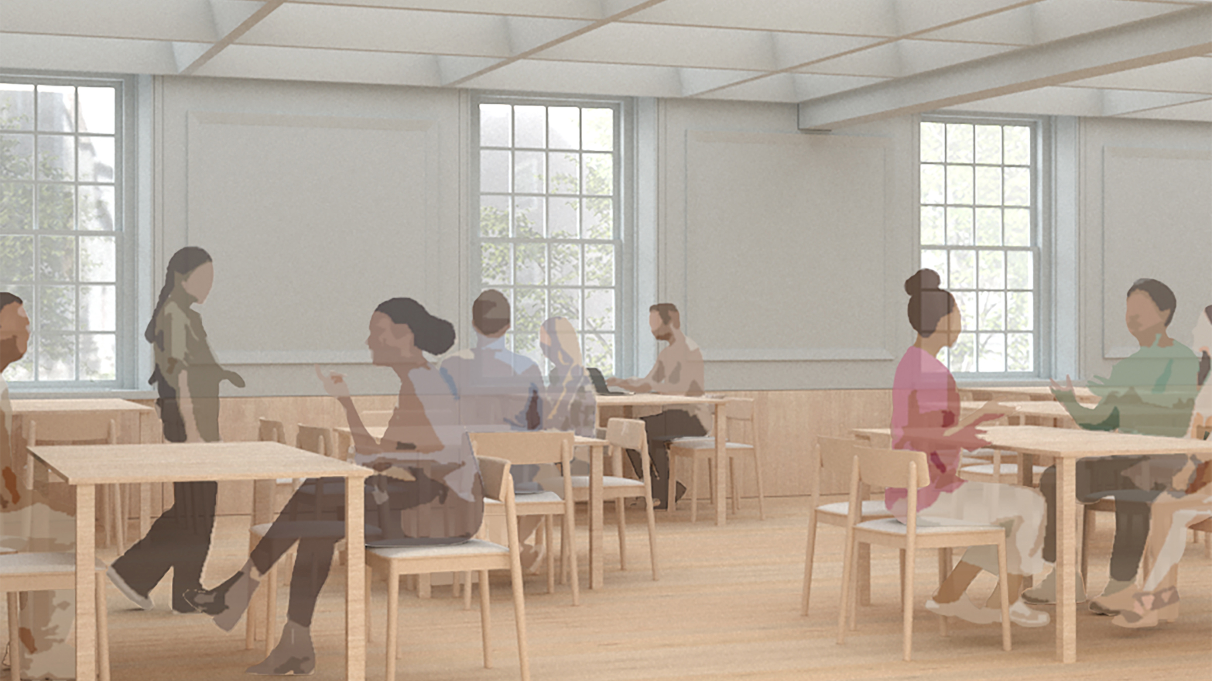 Architectural rendering of a bright room with people seated at wooden tables, showcasing a distinctive coffered or grid-patterned ceiling.