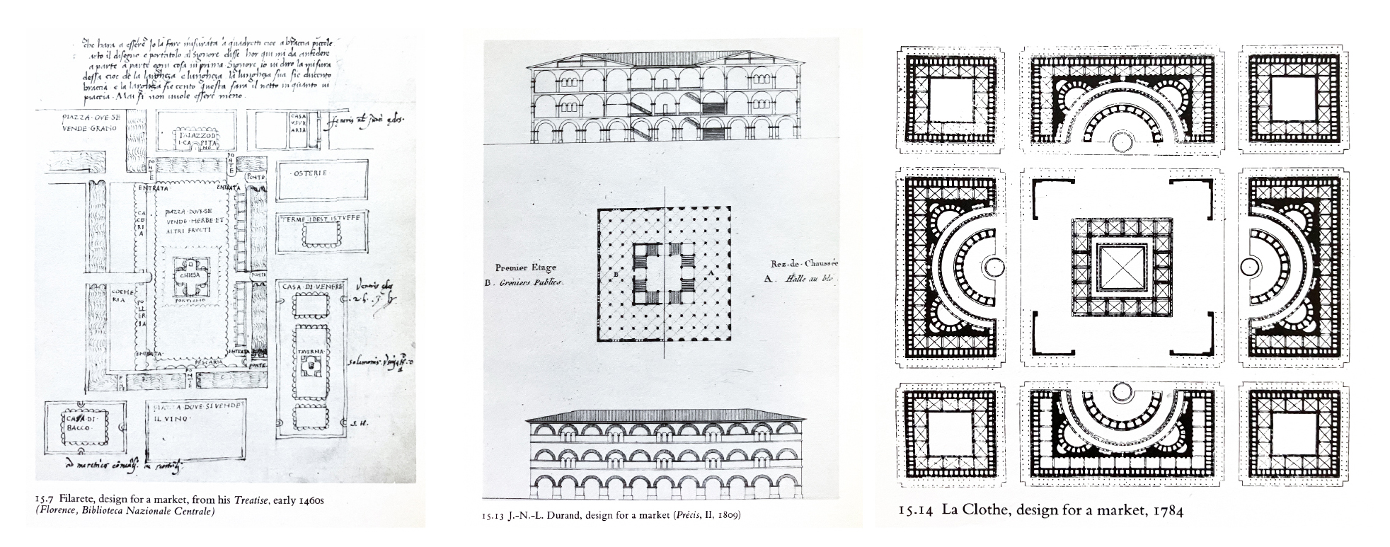 A collage of six images, arranged in a 2x3 grid, featuring architectural drawings and historical photographs related to market hall designs.