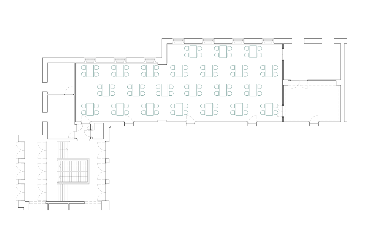 Floor plan showing several different wall and table configurations.