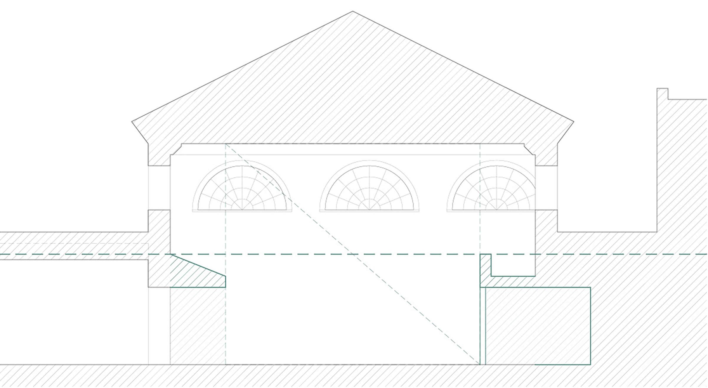 Section diagram showing new openings along both sides of the main dining area.