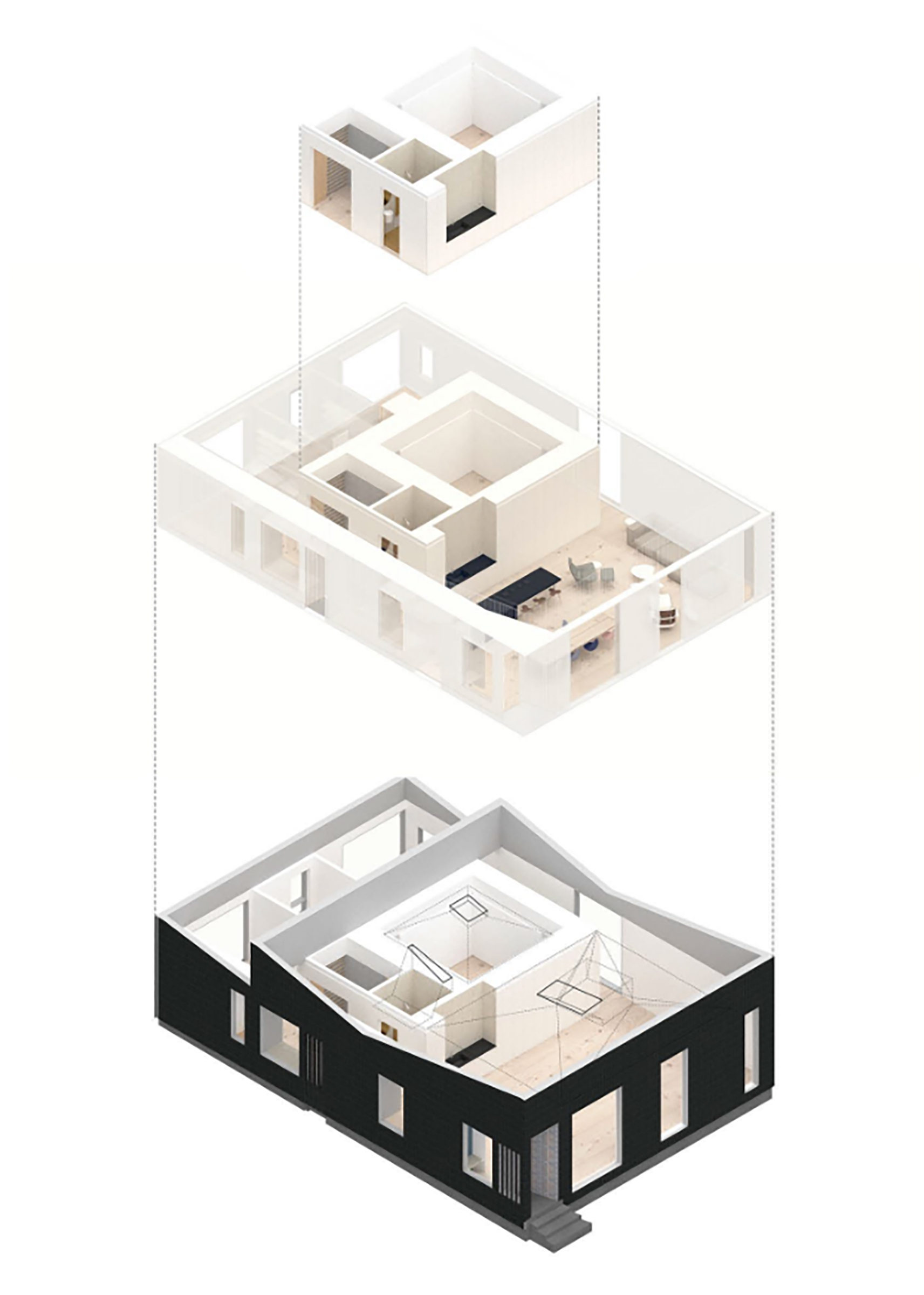 An exploded axonometric diagram, showing the nested relationship of central millwork cube to the adjacent spaces