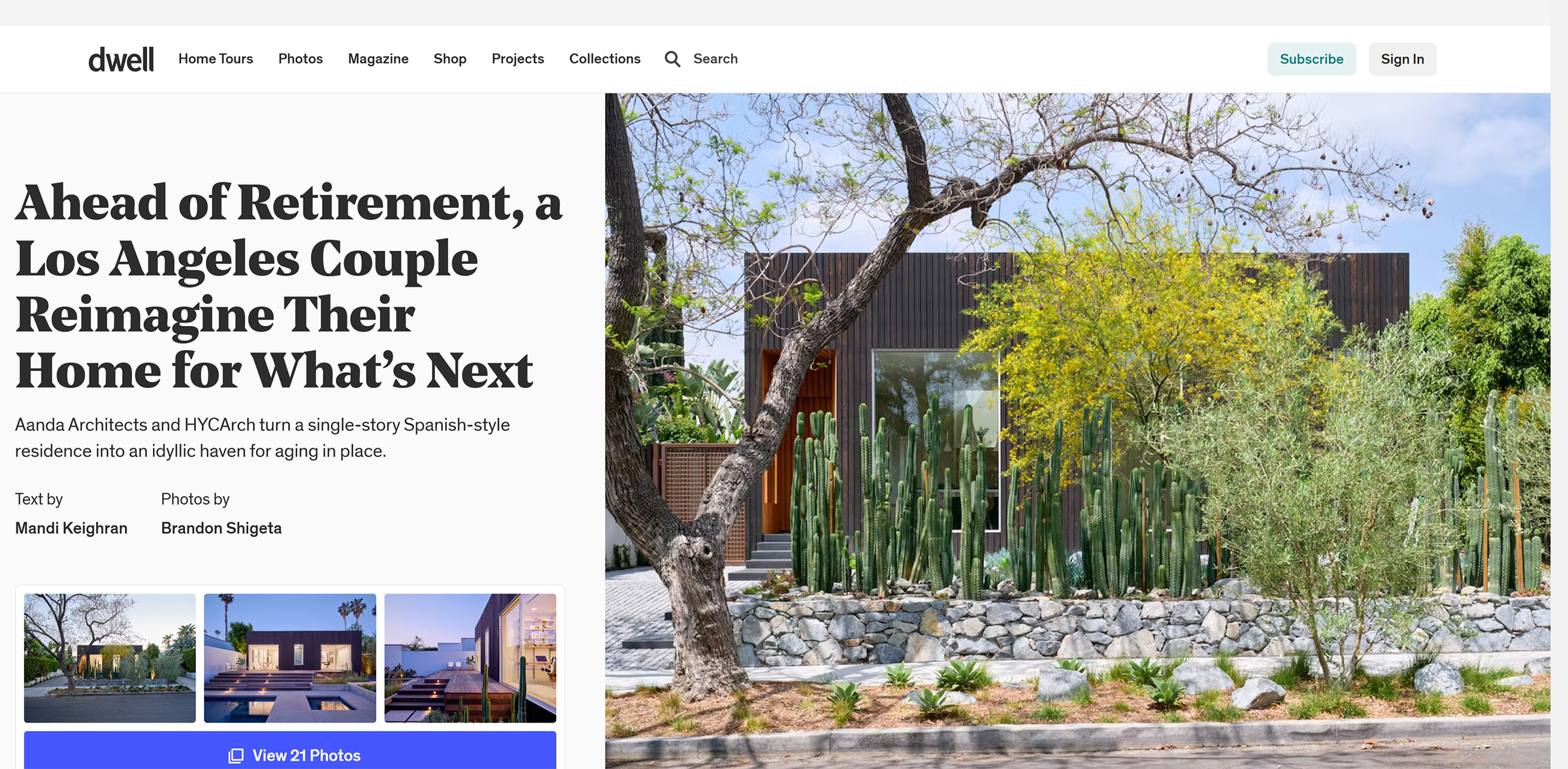 A screenshow of an article about Centered Home on dwll titled "Ahead of Retirement, a Los Angeles Couple Reimagine Their Home for What's Next."