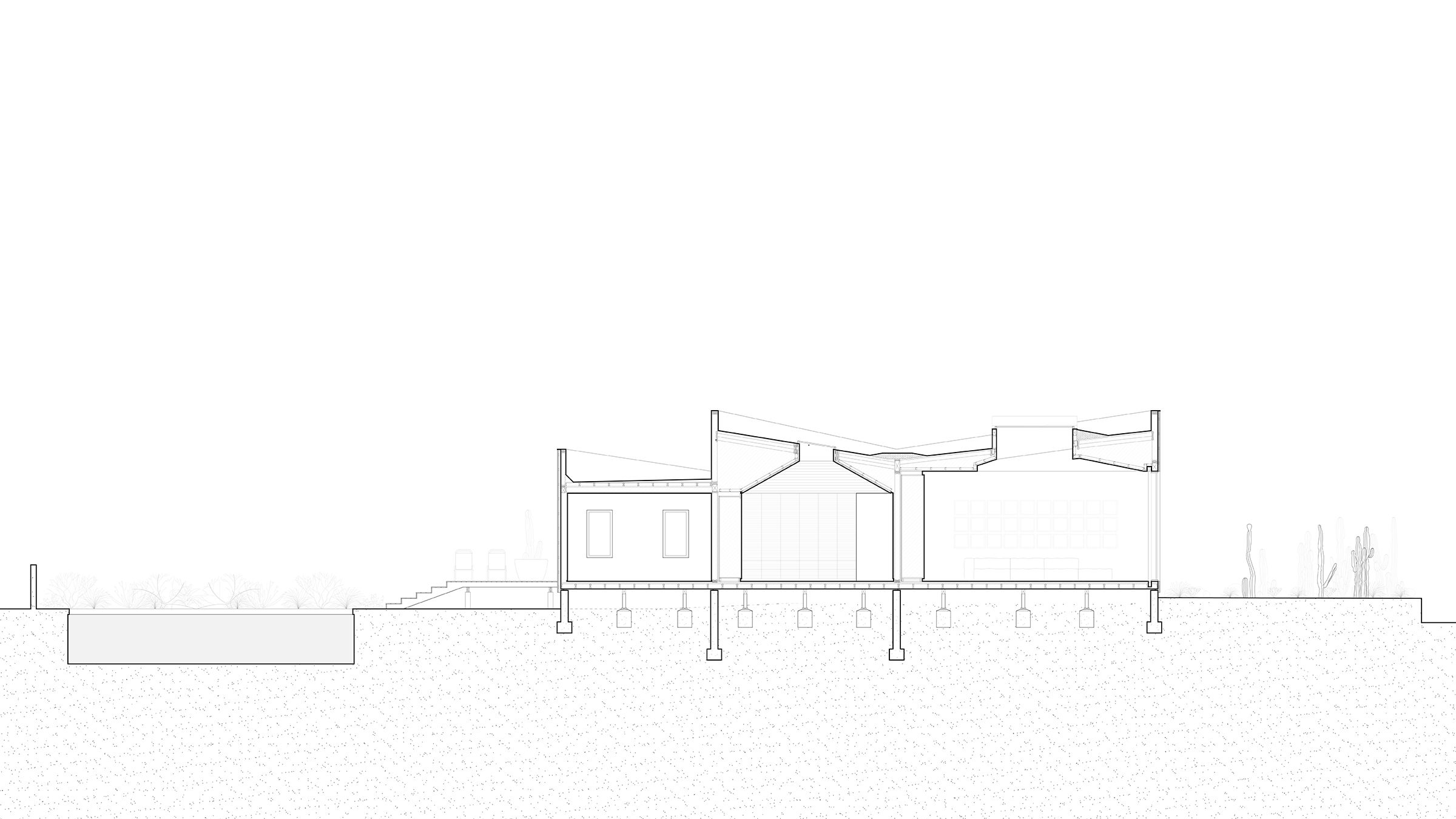 Section drawing of the project showing a sloped roof profile