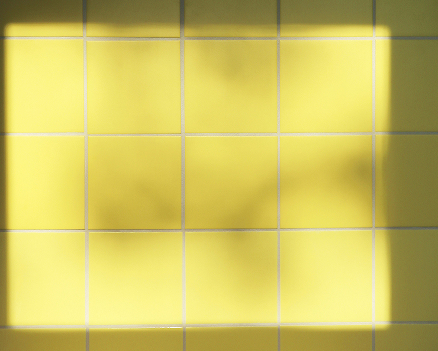Detail view of a yellow tiled wall with sunlight casting soft shadows.