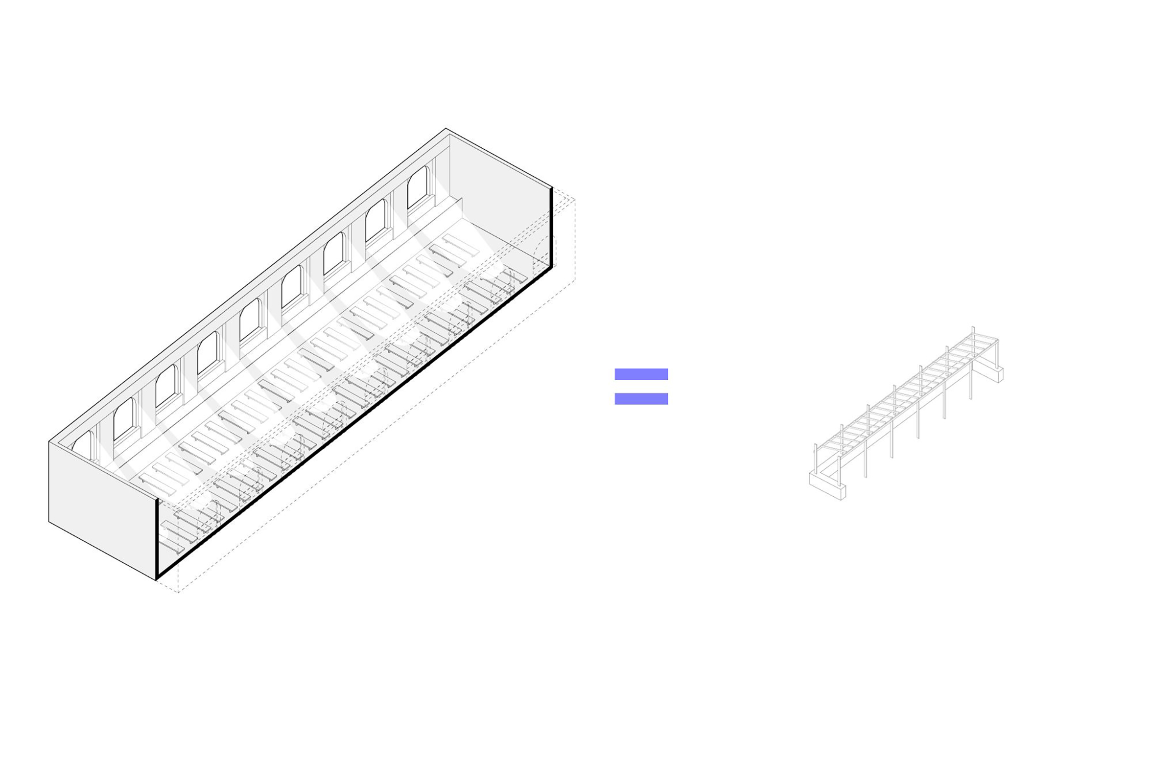 A graphic image depicting a conceptual architectural comparison. On the left is an isometric line drawing of a long, rectangular reading room. In the center is a blue equal sign (=). On the right is a simplified isometric line drawing of a blue arched structure.