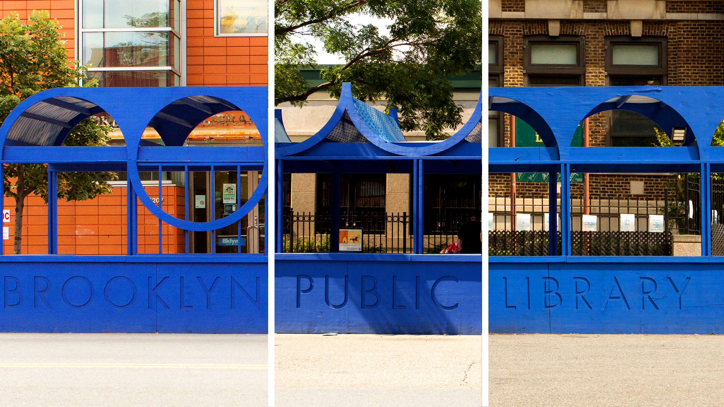 Three-panel image showing different sections of a blue arched structure with "BROOKLYN PUBLIC LIBRARY" text.