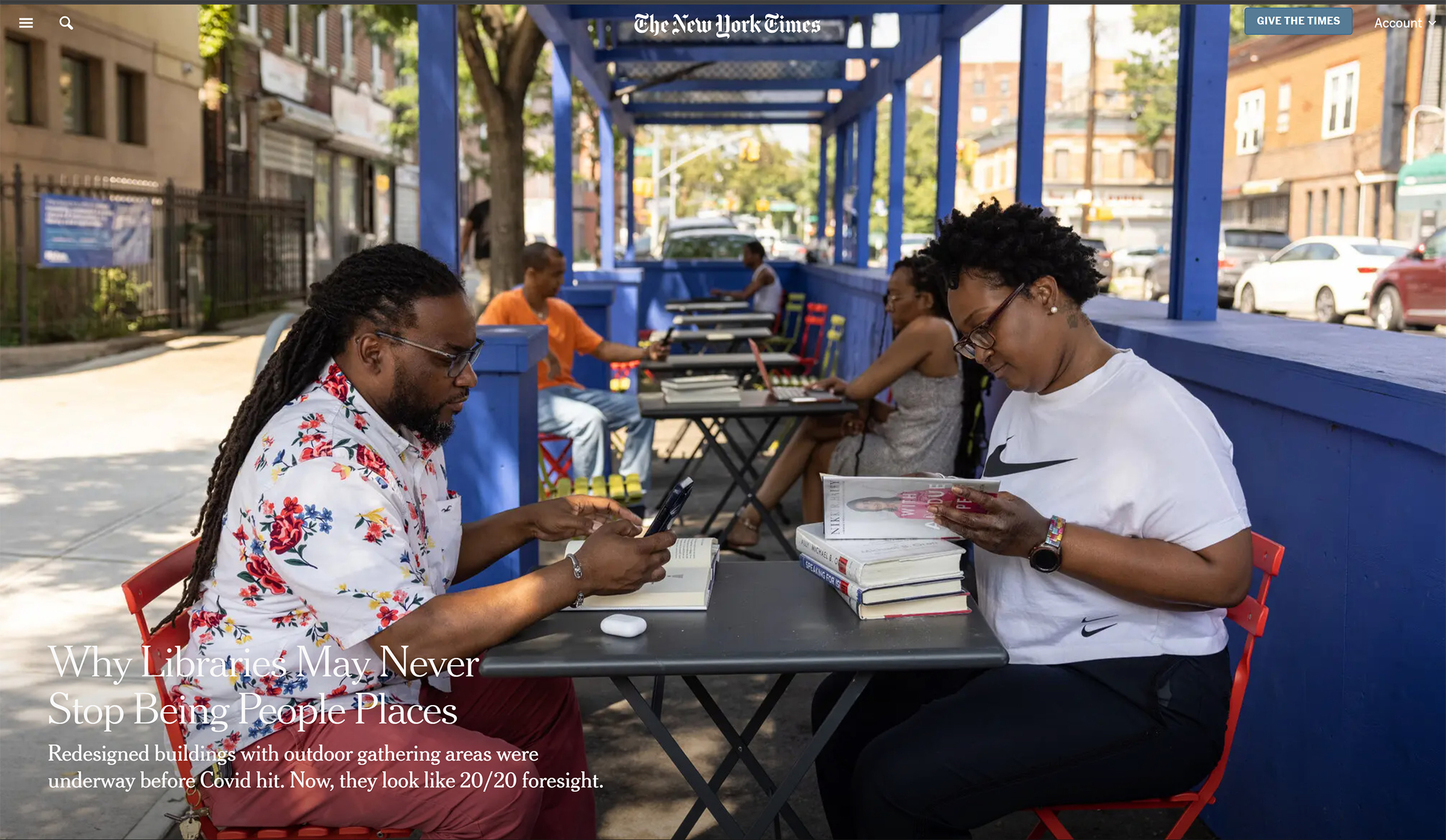 A screenshot of a New York Times article featuring the Roadway Readeries titled "Why Libraries May Never Stop Being People Places"