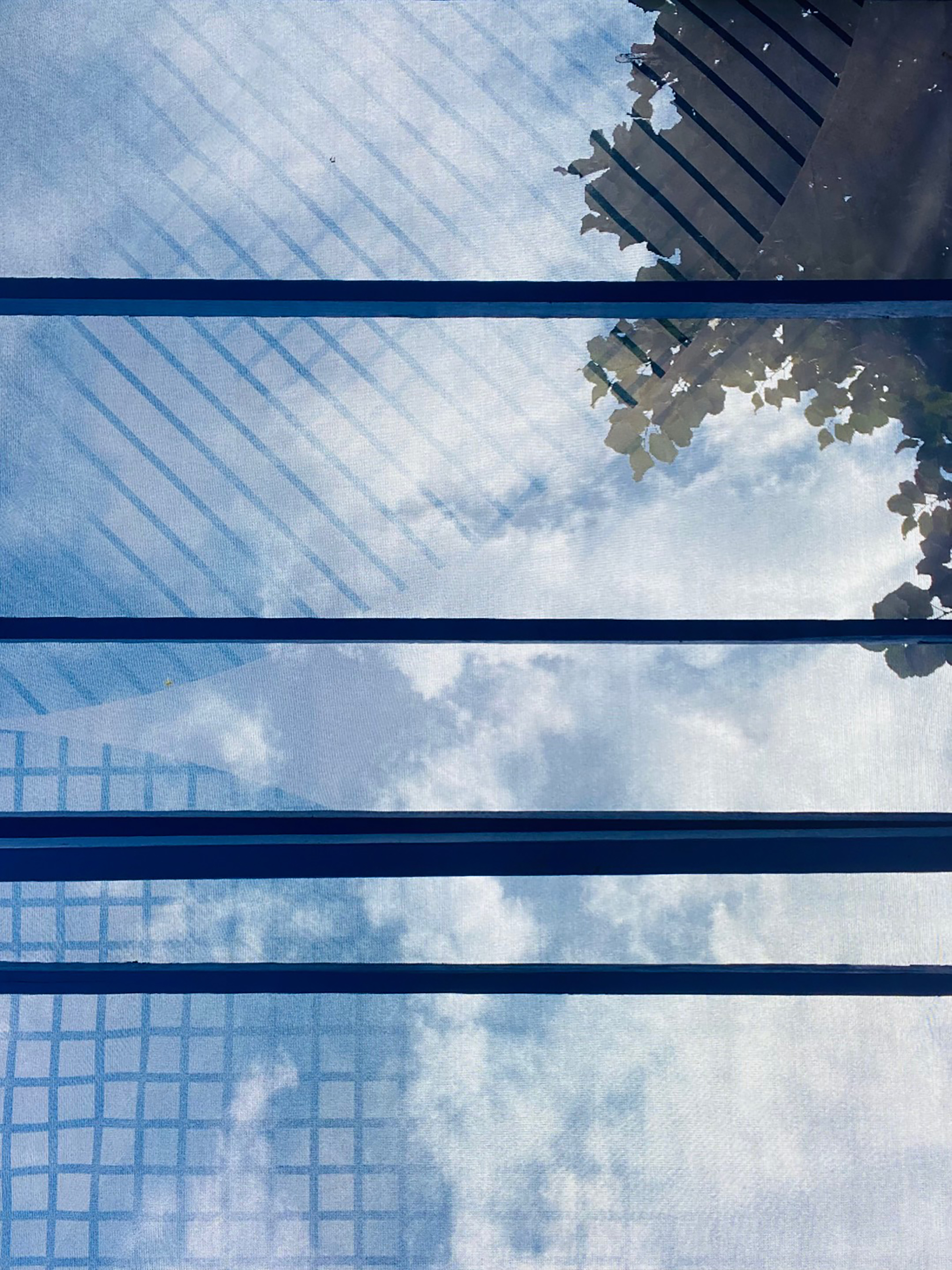 Abstract image of sky and tree through translucent fabric over blue structure.